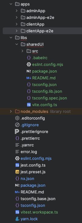 a screenshot of file structure after generation of new application and shared UI library, highlighting that NX automatically did all the work to correctly initialize everything 