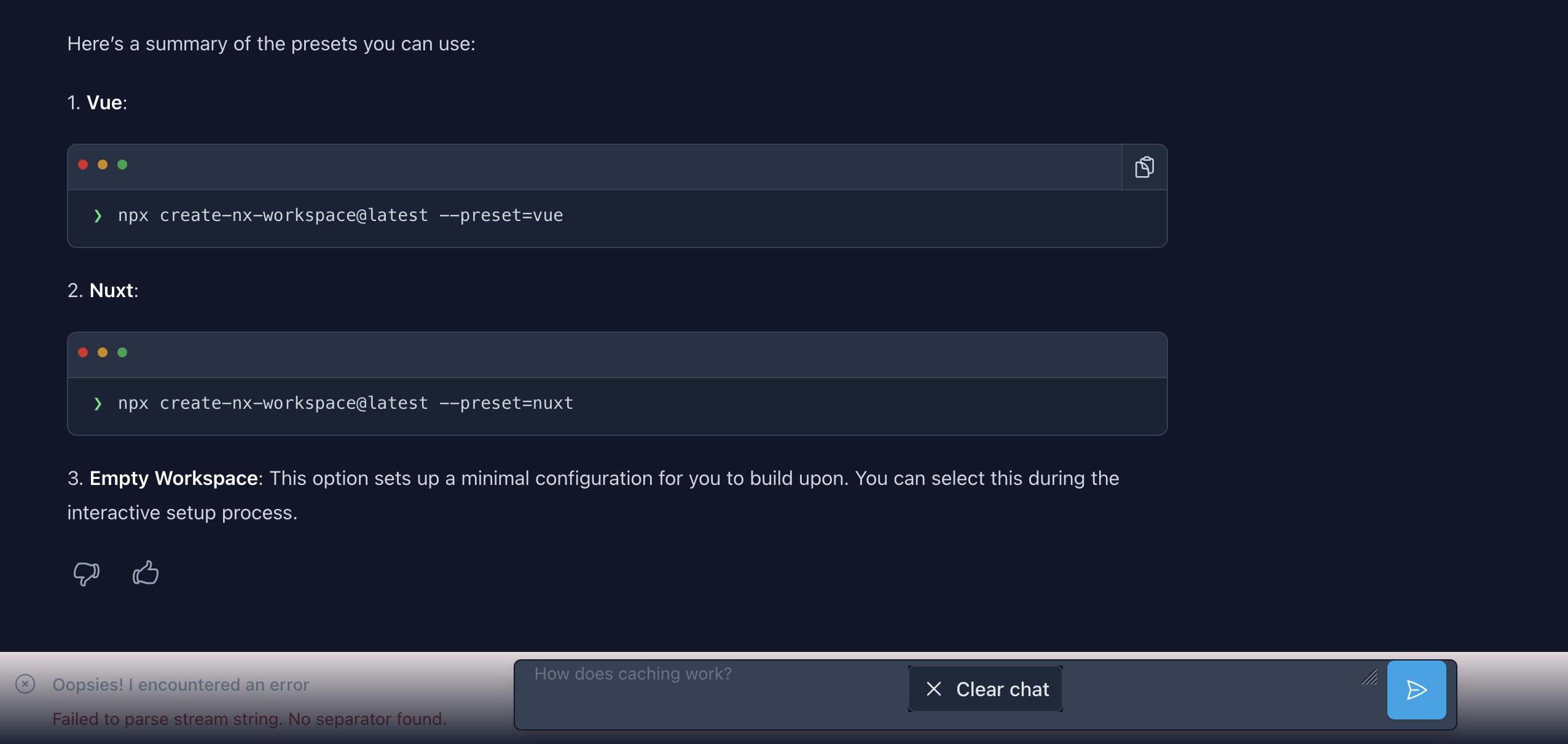 a screenshot of AI chat on NX website, which didn't provide any useful information about available presets